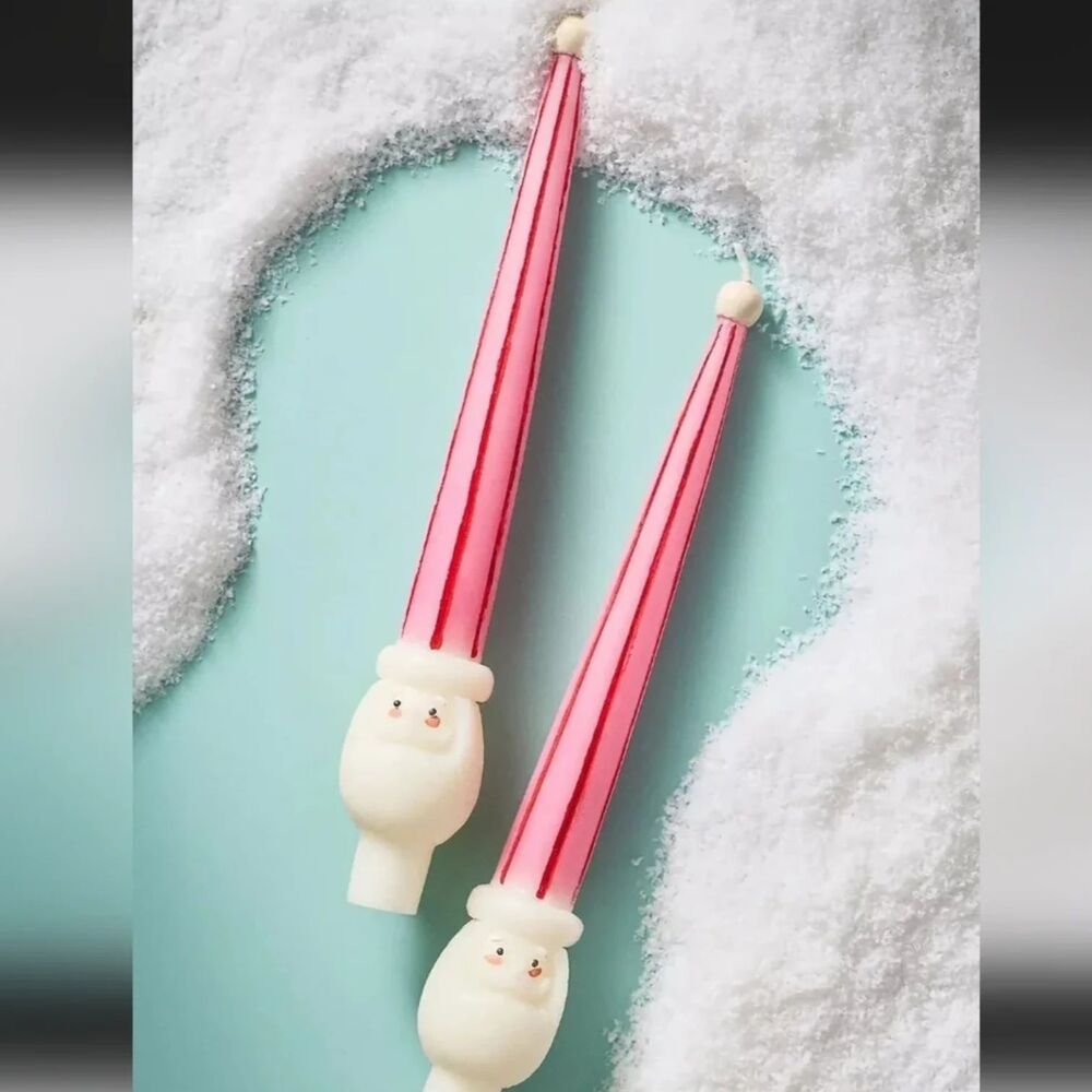 NIB Anthropologie Pink and Red Handpainted Santa Taper Candles, Set of 2